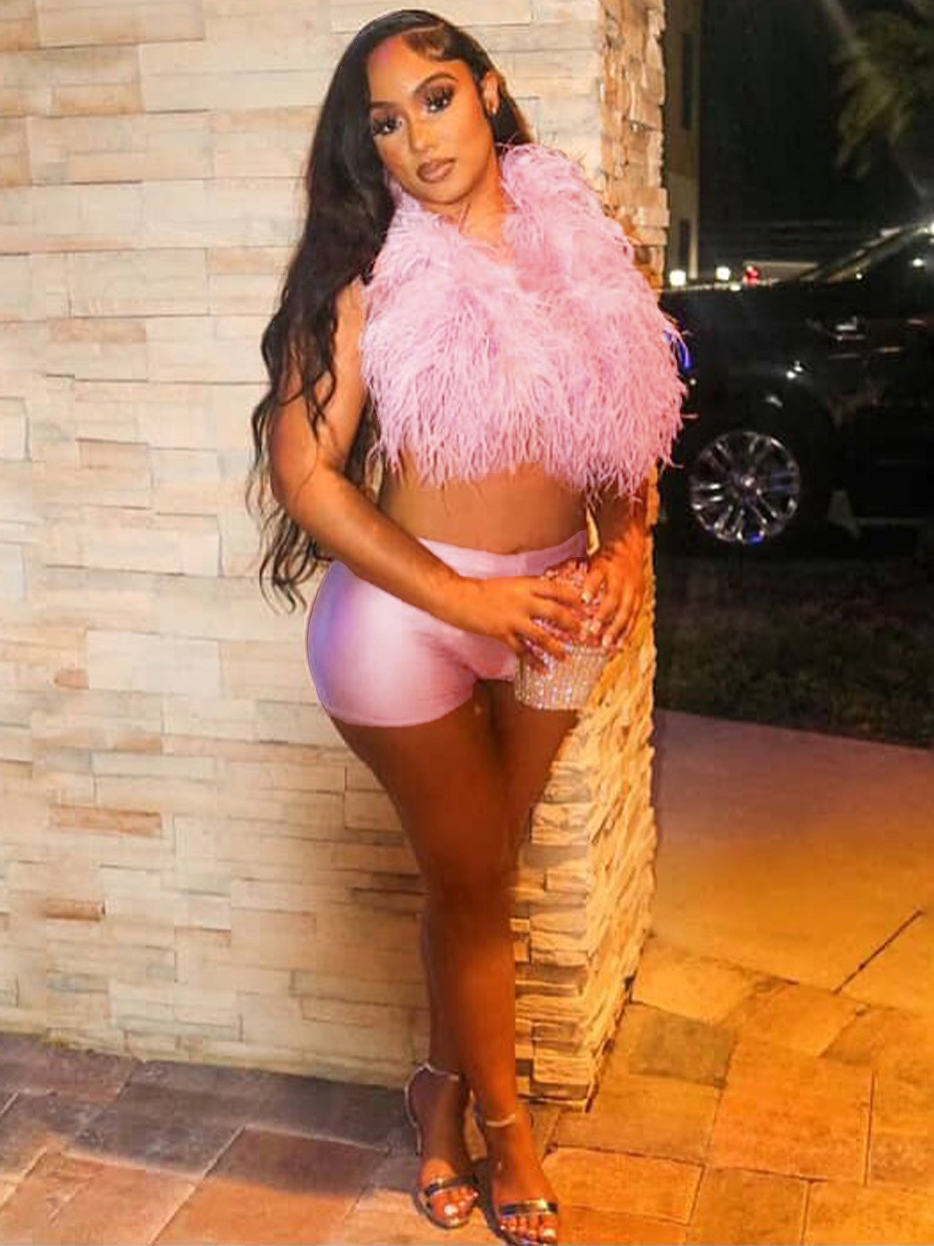 Women sexy nightclub Halter Neck Lace-Up Feather Top and Shorts two-piece set 3