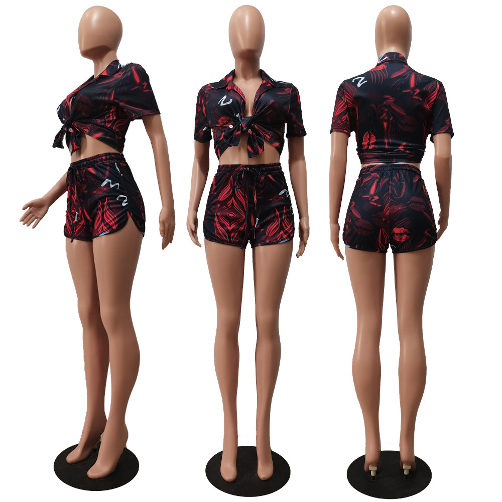 Summer Fashion Print Multicolor Shirt Shorts Casual Set 36