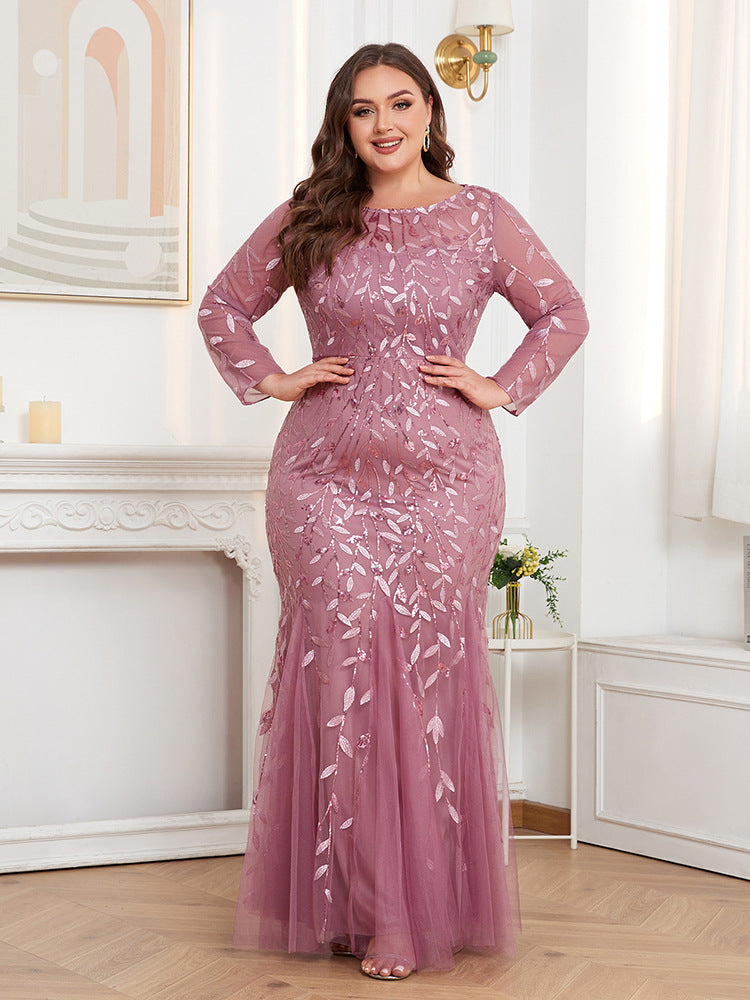 Plus Size Women Long Sleeve Round Neck Zipper Fishtail Embroidery Evening Dress 4