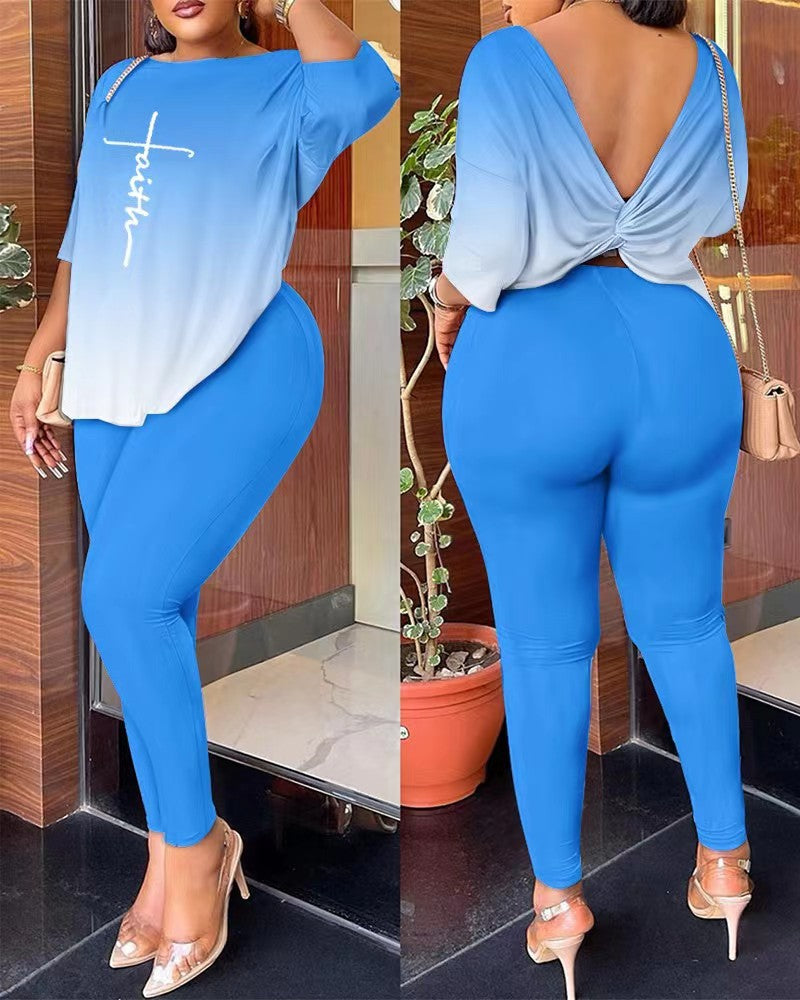 Women Autumn Casual Backless Printed Top and Pants Two-piece Set 3