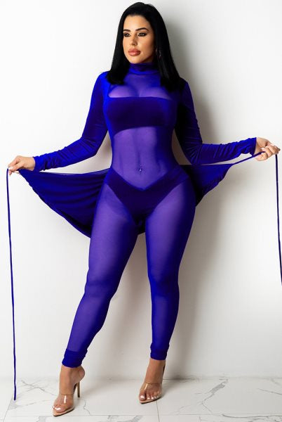 Autumn Party Sexy Mesh Patch Velour Tight Blue Jumpsuit 3