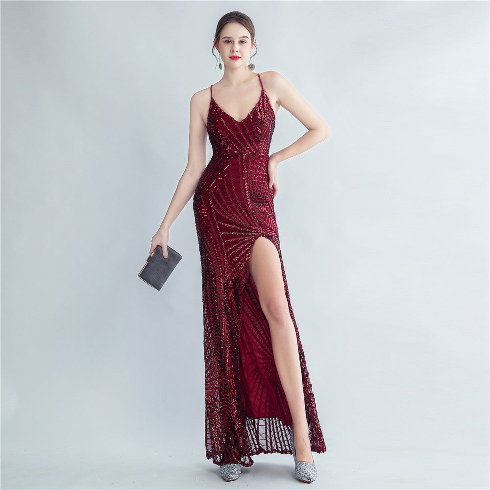 Women Sequined Side Slit Evening Dress 19