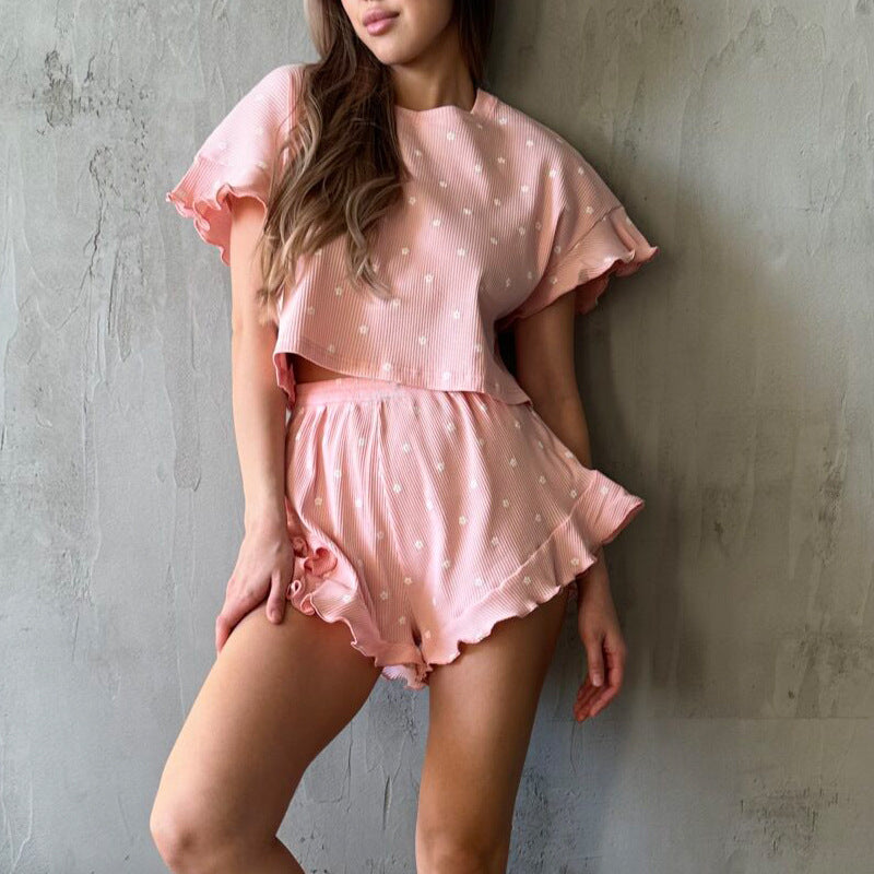 Summer Women's Casual Printed Short Sleeve Round Neck Top Shorts Pajamas Two-Piece Set 3