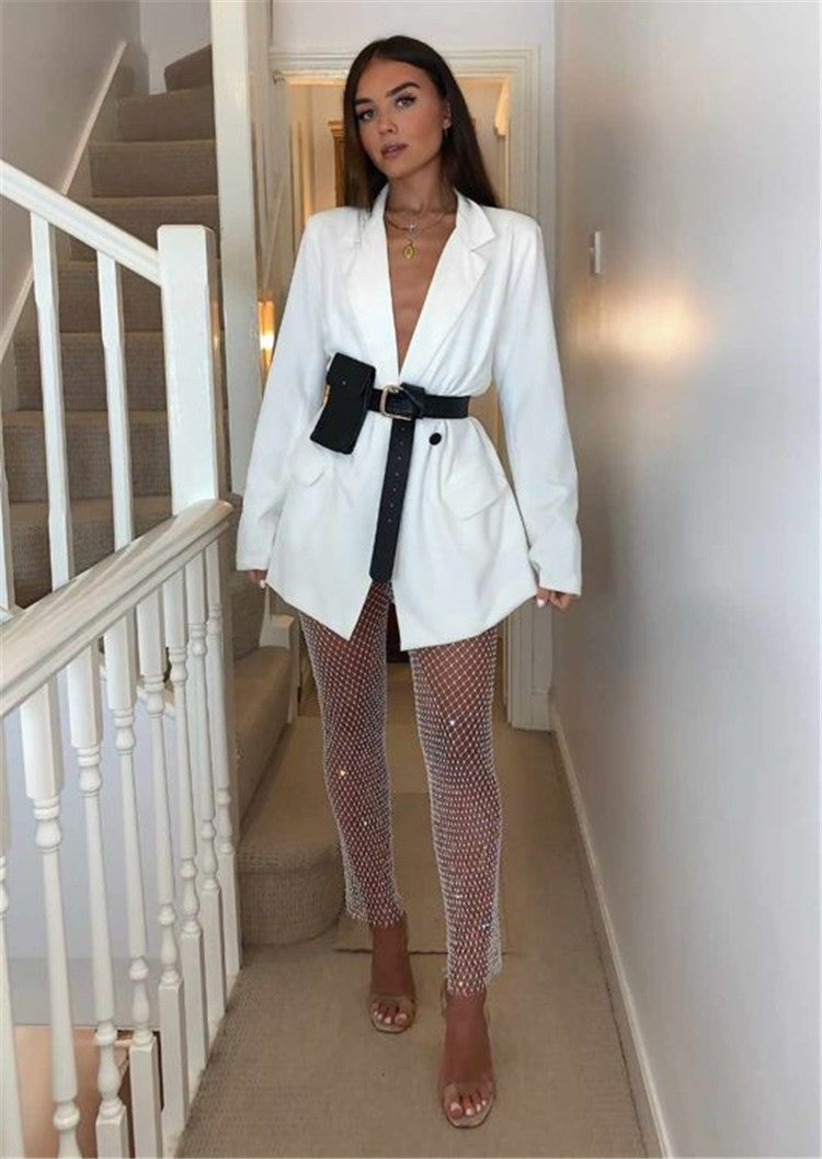 Women Sexy Rhinestone Fishnet Pants 32