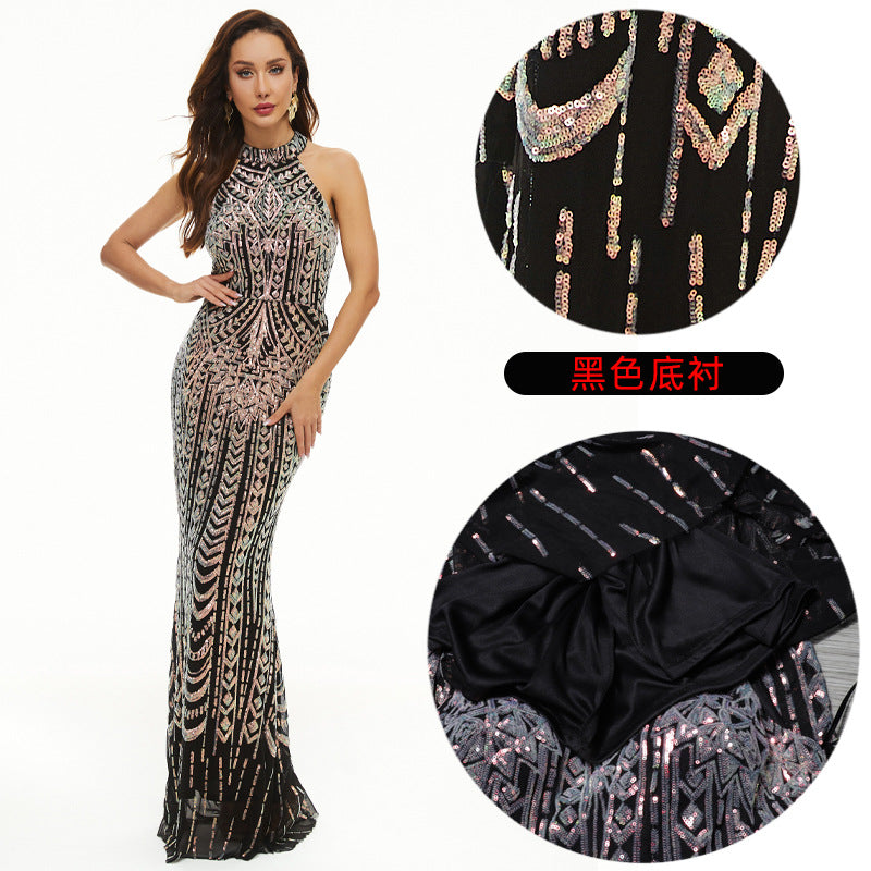 Floral Sequins Formal Party Evening Dress Long Luxurious And Sexy Halter Neck Fishtail Dress 10