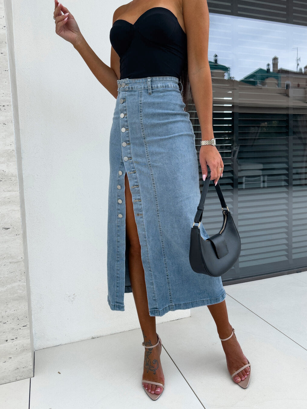 Women's Button Irregular Slit High Waist Sexy Slim Bodycon Denim Skirt 4