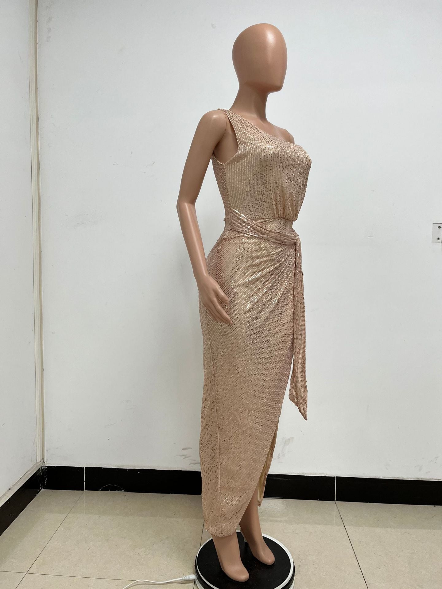 Women's One-Shoulder Lace-Up Sequined Evening Dress 87