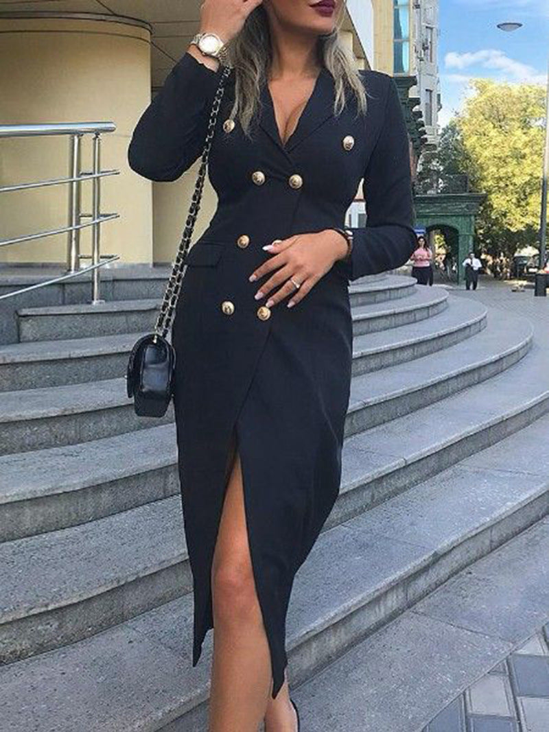 Women Autumn and Winter Long Sleeve Double Breasted Blazer Dress 13