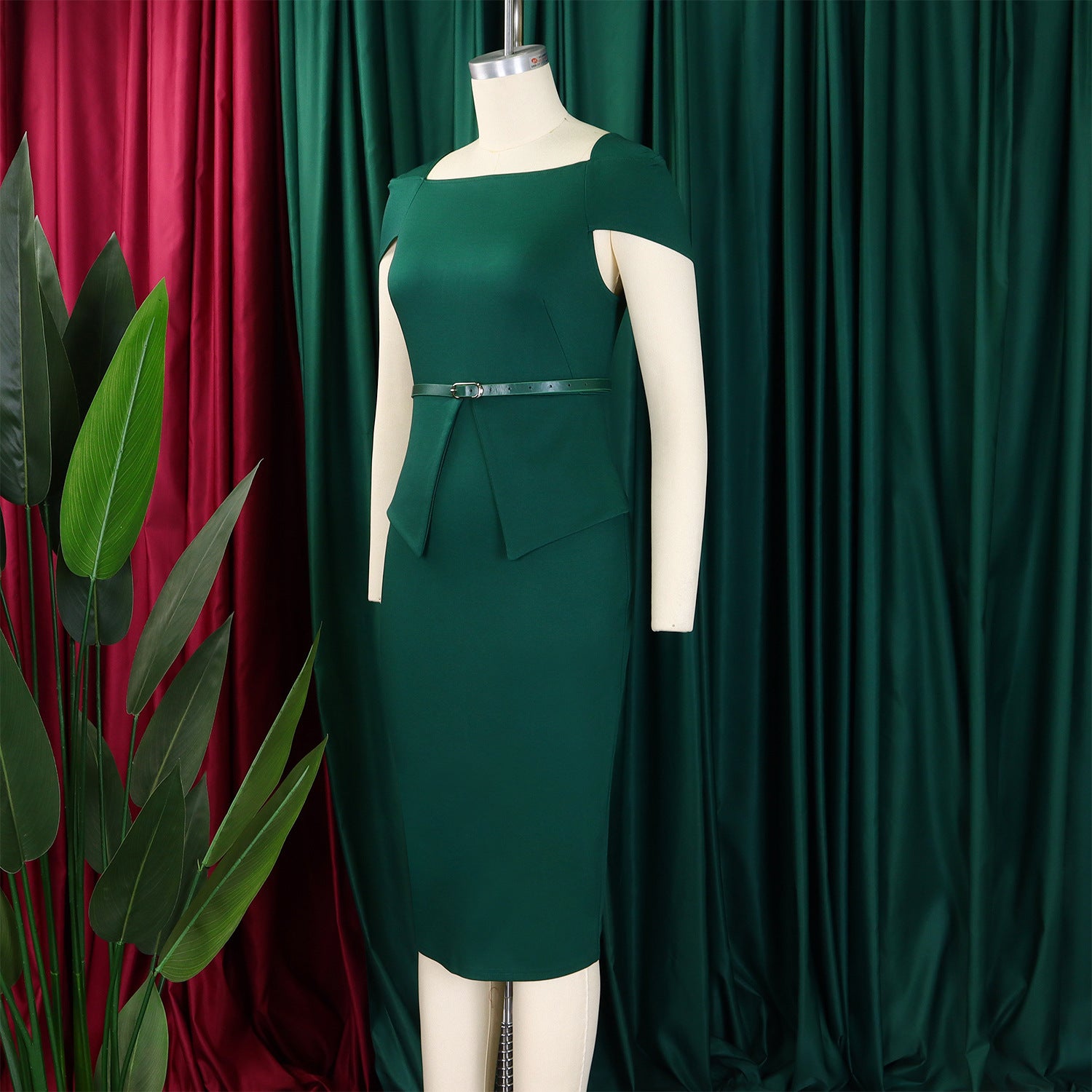 African Women's Solid Color High-Waist Ruffle Short-Sleeve Square-Neck Bodycon Pencil Dress 23