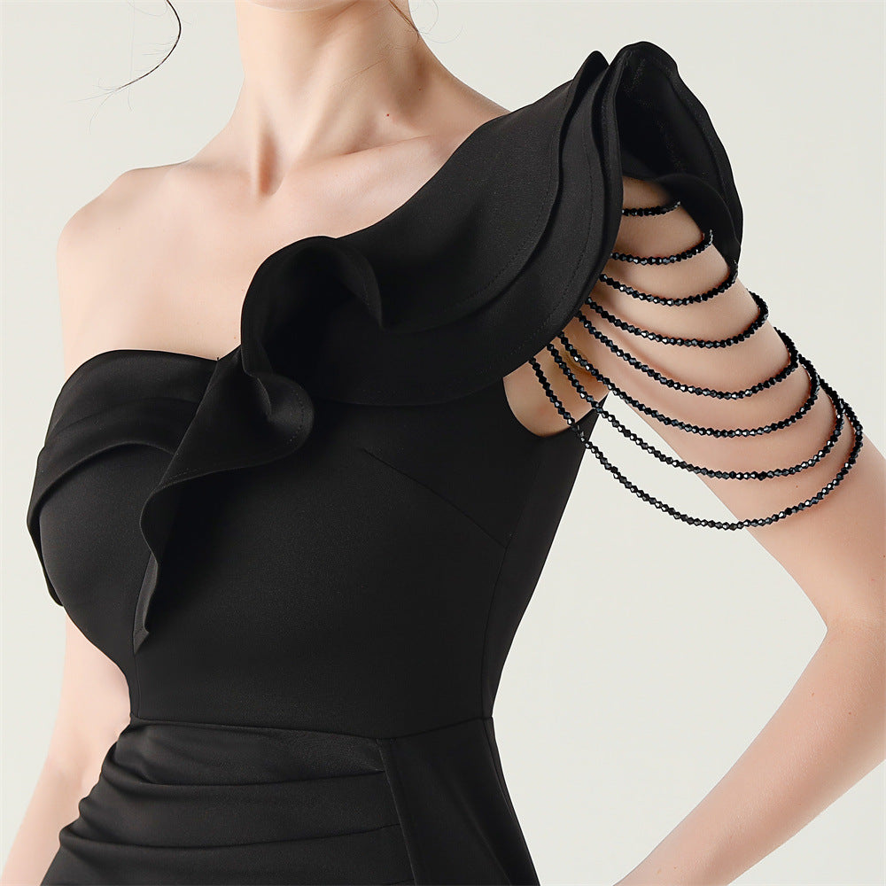Women pleated one-shoulder beaded ruffle fishtail formal party evening dress 32