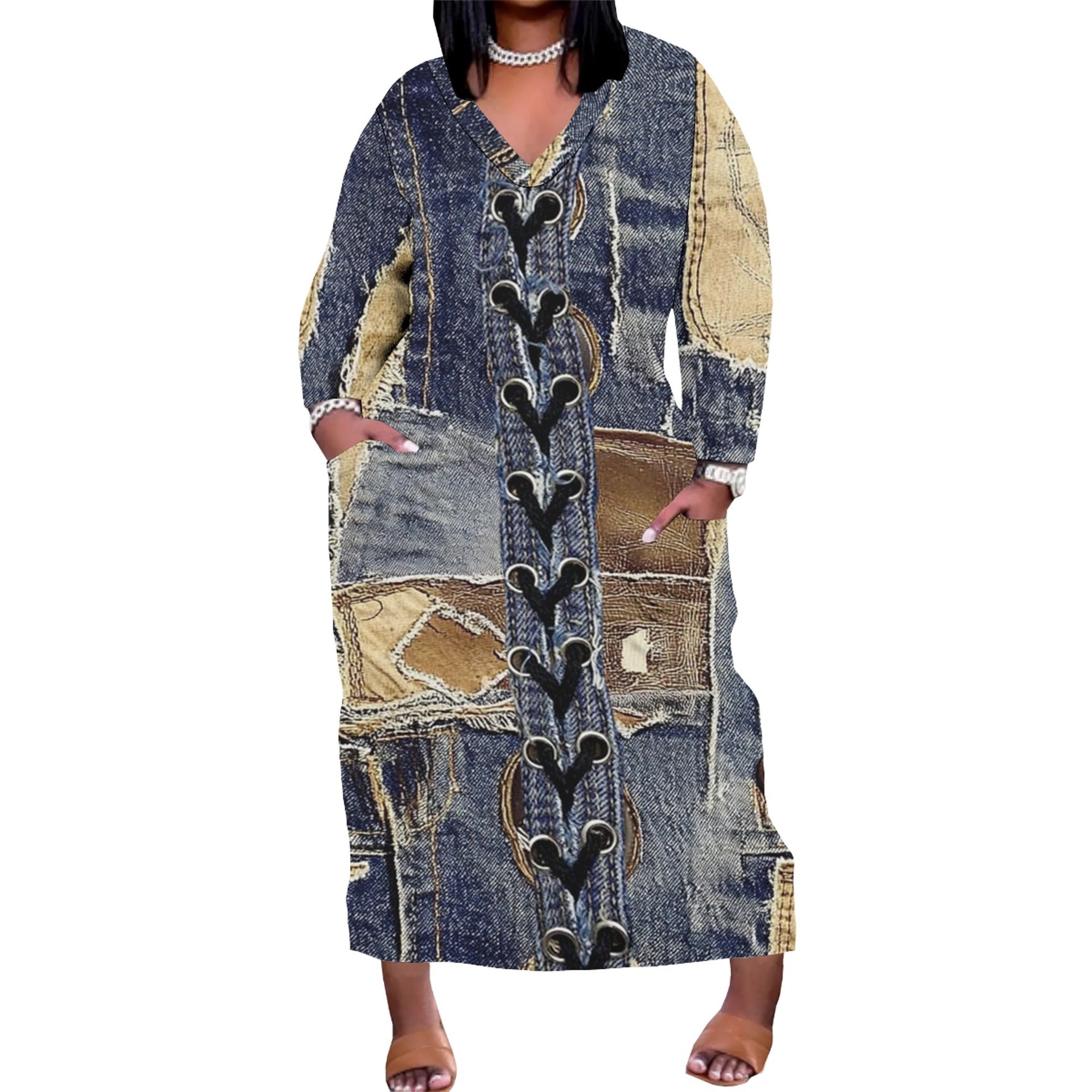 Women's Casual Printed Long Sleeves Plus Size Dress 9