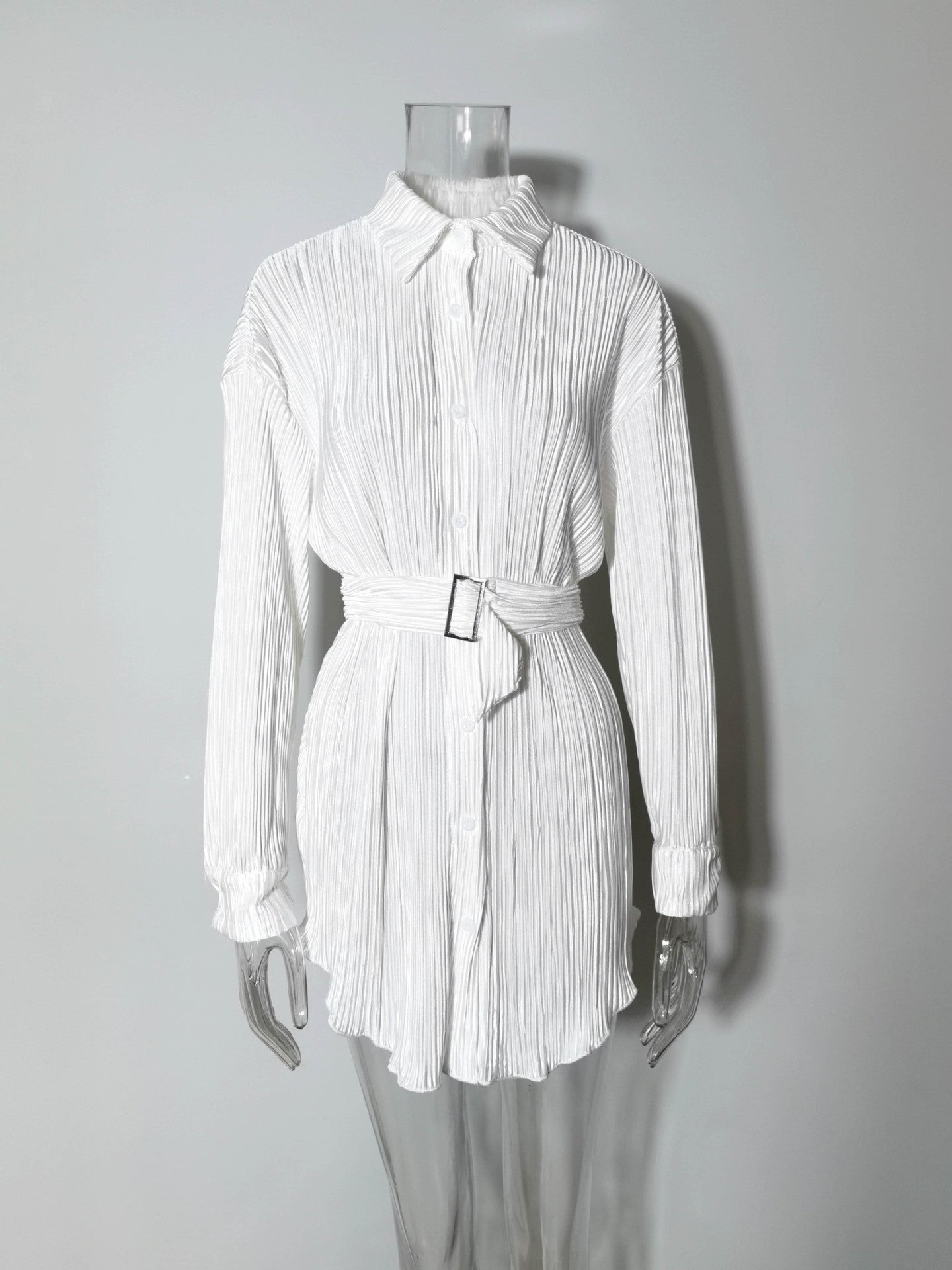 Women Pleated Long Sleeve Belted Shirt Dress 21