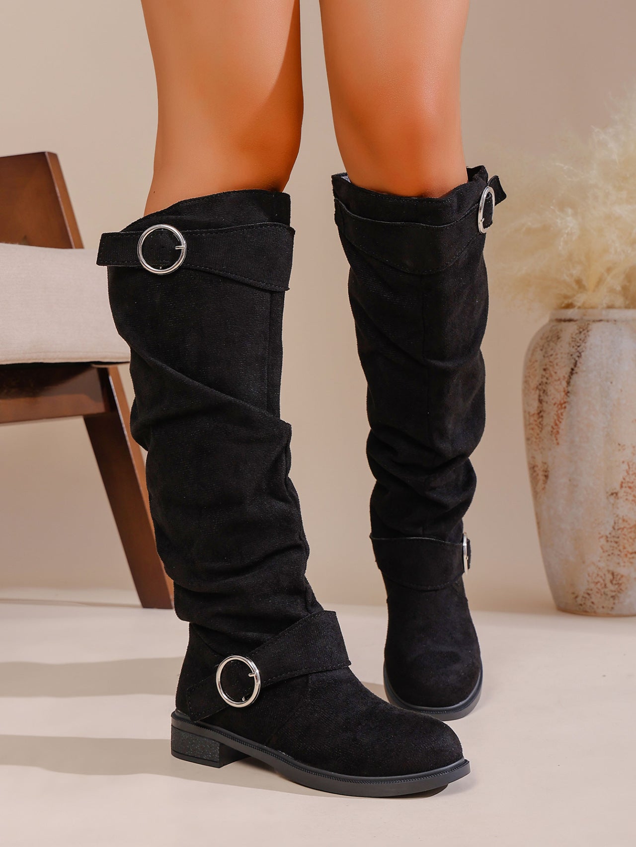 Autumn Winter Pleated Stacked Boots Women SChunky Heel Platform Suede Boots 22