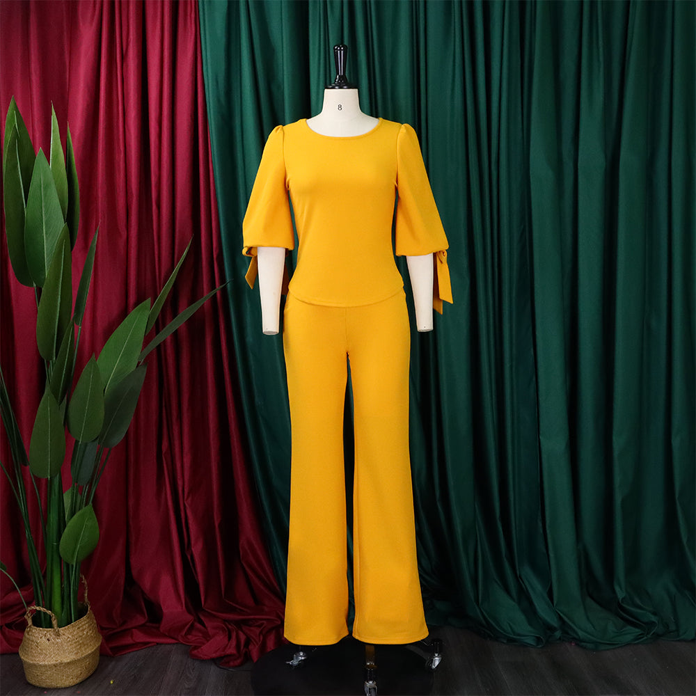 Women's Casual Set Loose Plus Size Lace-Up Top High Waist Wide Leg Pants Two-Piece Set 21