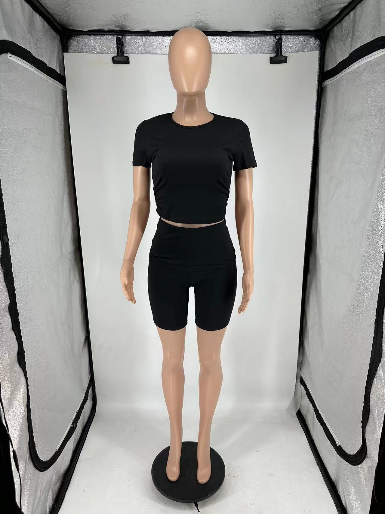 Women's Summer Short Sleeve Round Neck Casual Two-Piece Shorts Set 19