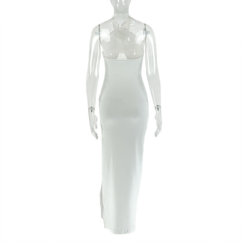 Women's Hollow-Out Fashion Slit Pleated Low Back Cross Halter Neck Solid Long Dress 10