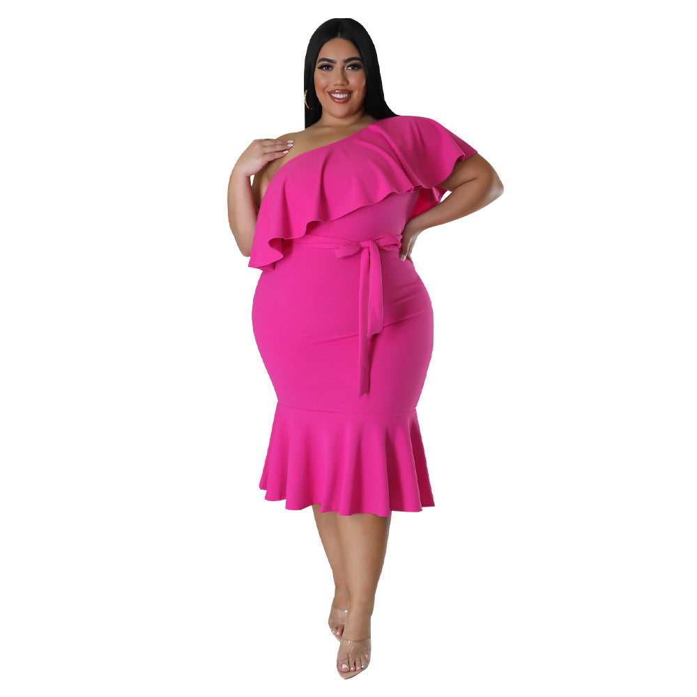 Plus Size Women'S Fashion Fit Casual Ruffle One Shoulder Midi Dress 7