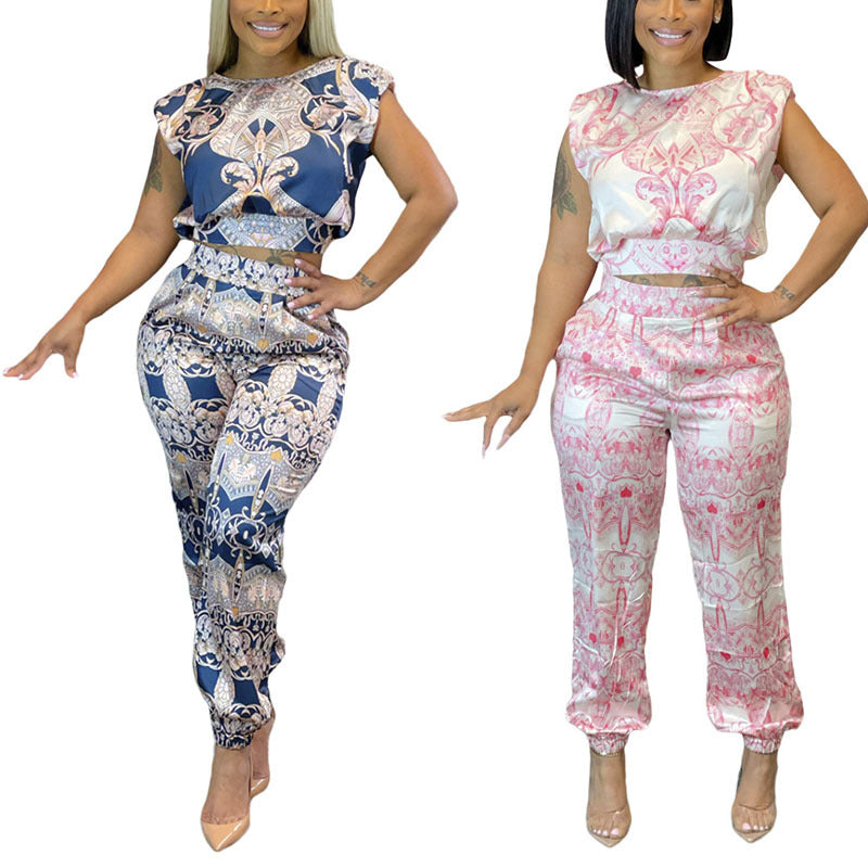 Fashionable Women's Printed Sleeveless Casual Two Piece Pants Set 7