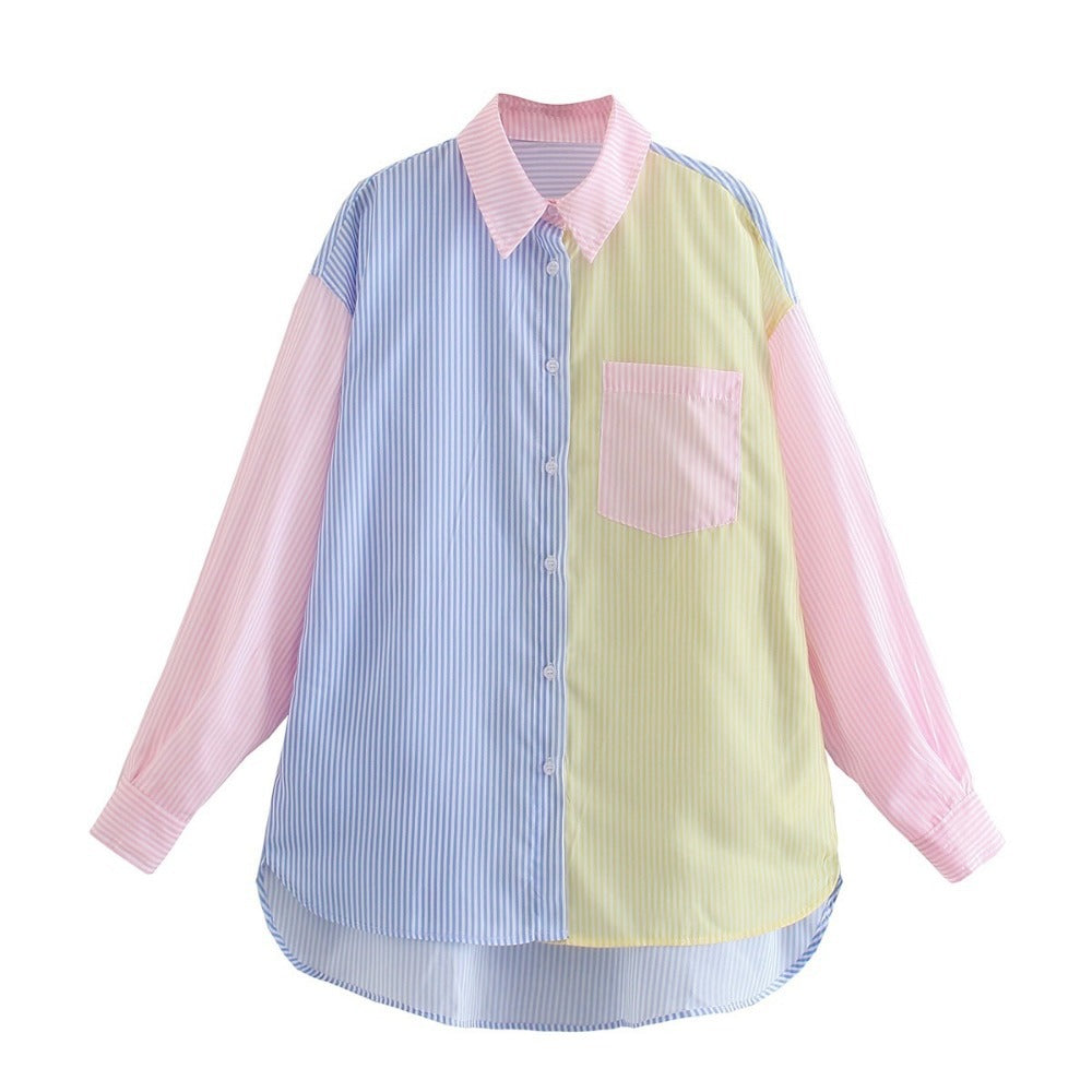 Summer Contrast Stripes Color Matching Loose Shirt 10