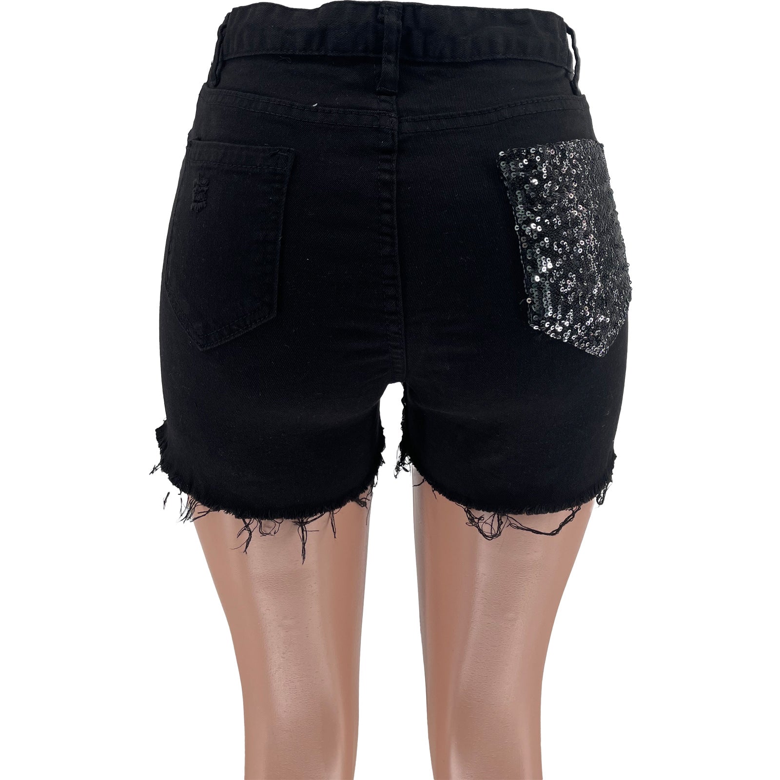 Mid-Rise Buttoned Fashion Sequined Denim Shorts 5