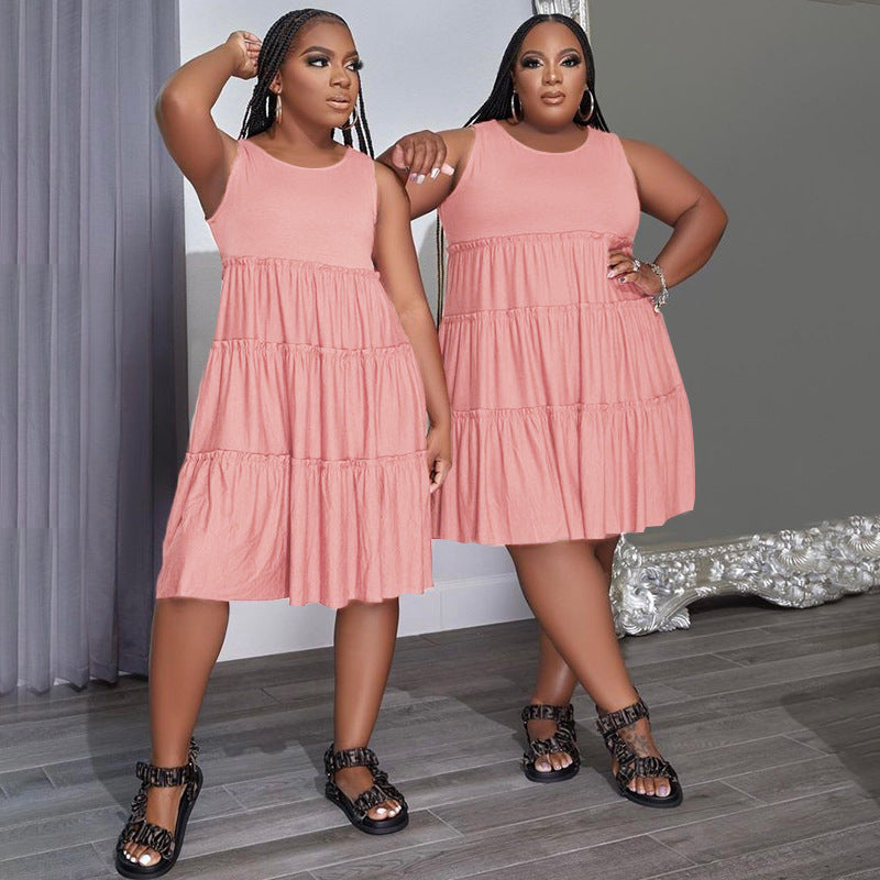 Summer Solid Round Neck Sleeveless Casual Women's Fashion Pleated Casual Dress 6