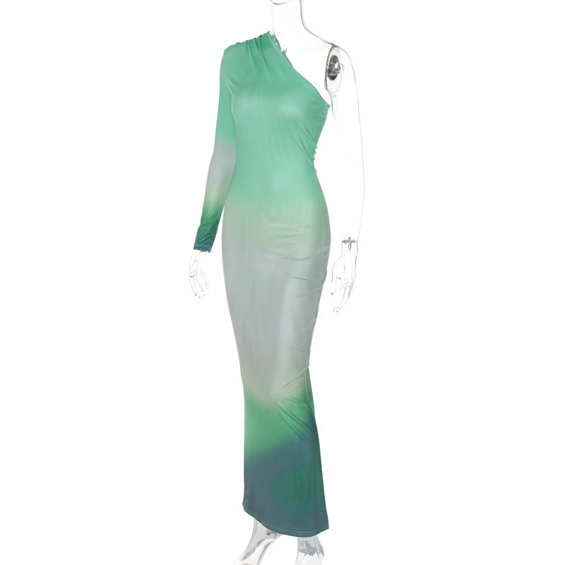 Women's Autumn Fashion Sexy Print Slash Shoulder Single Sleeve Long Bodycon Dress 10