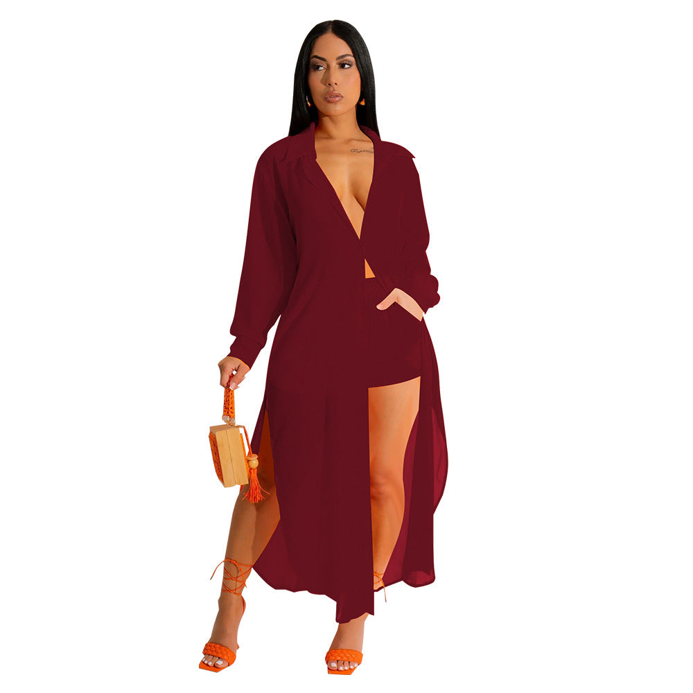 Women See-Through Solidchiffon Long Shirt and Shorts Two-Piece Set 5