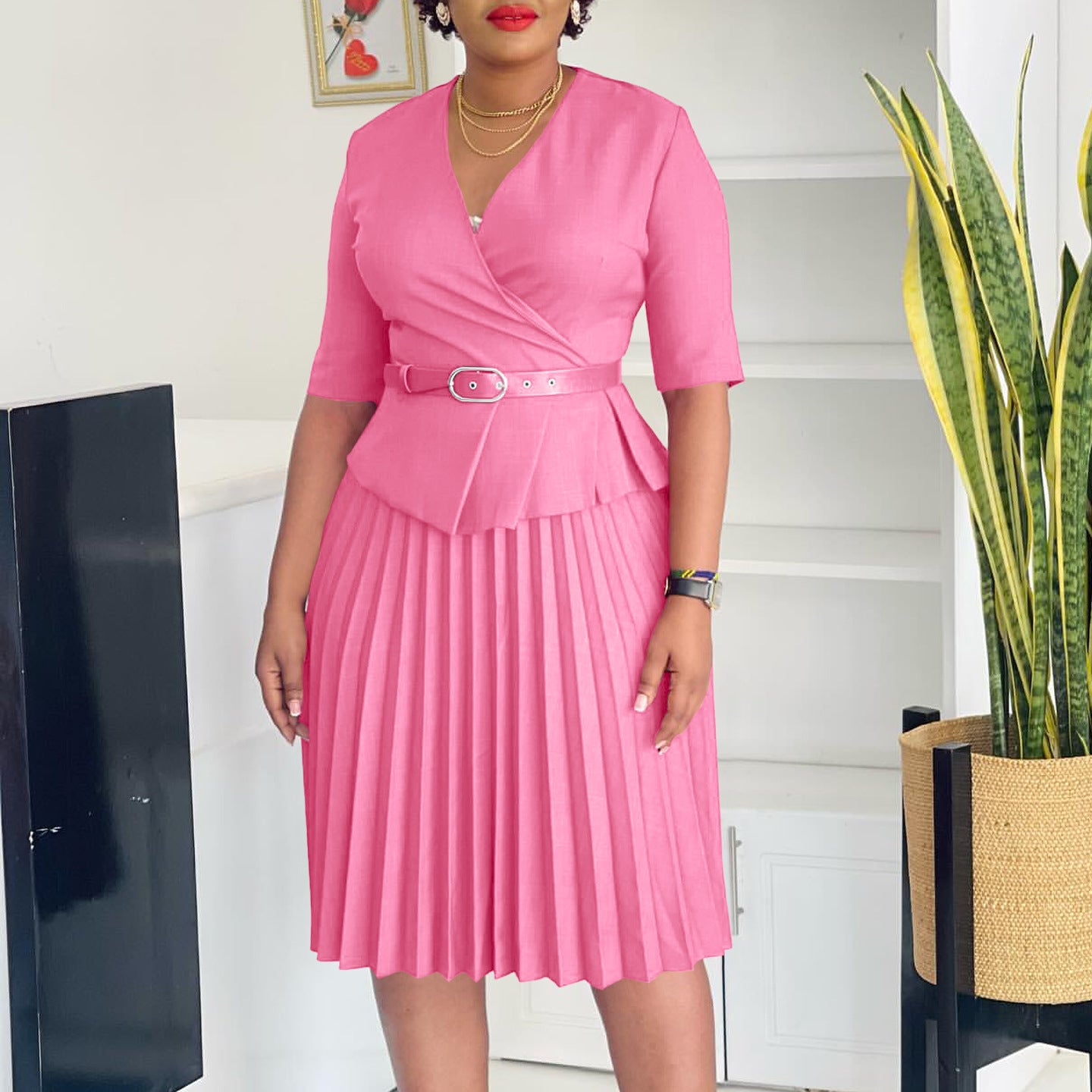 Plus Size Women v-neck pleated African dress 5