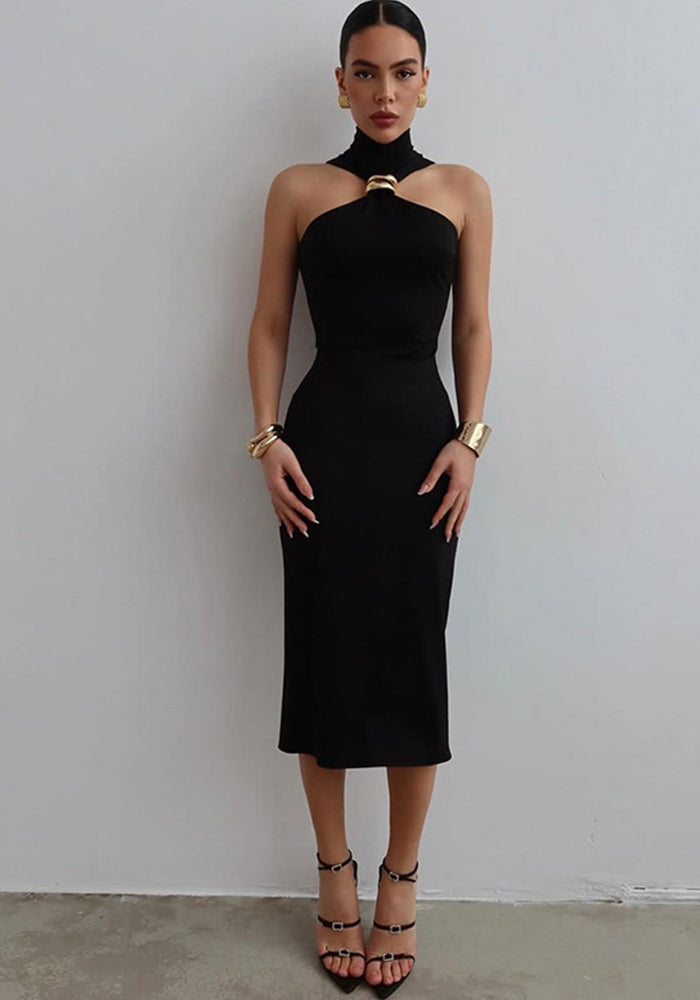 Summer Sexy Solid Color High-Collar Strapless Slim Dress for Women