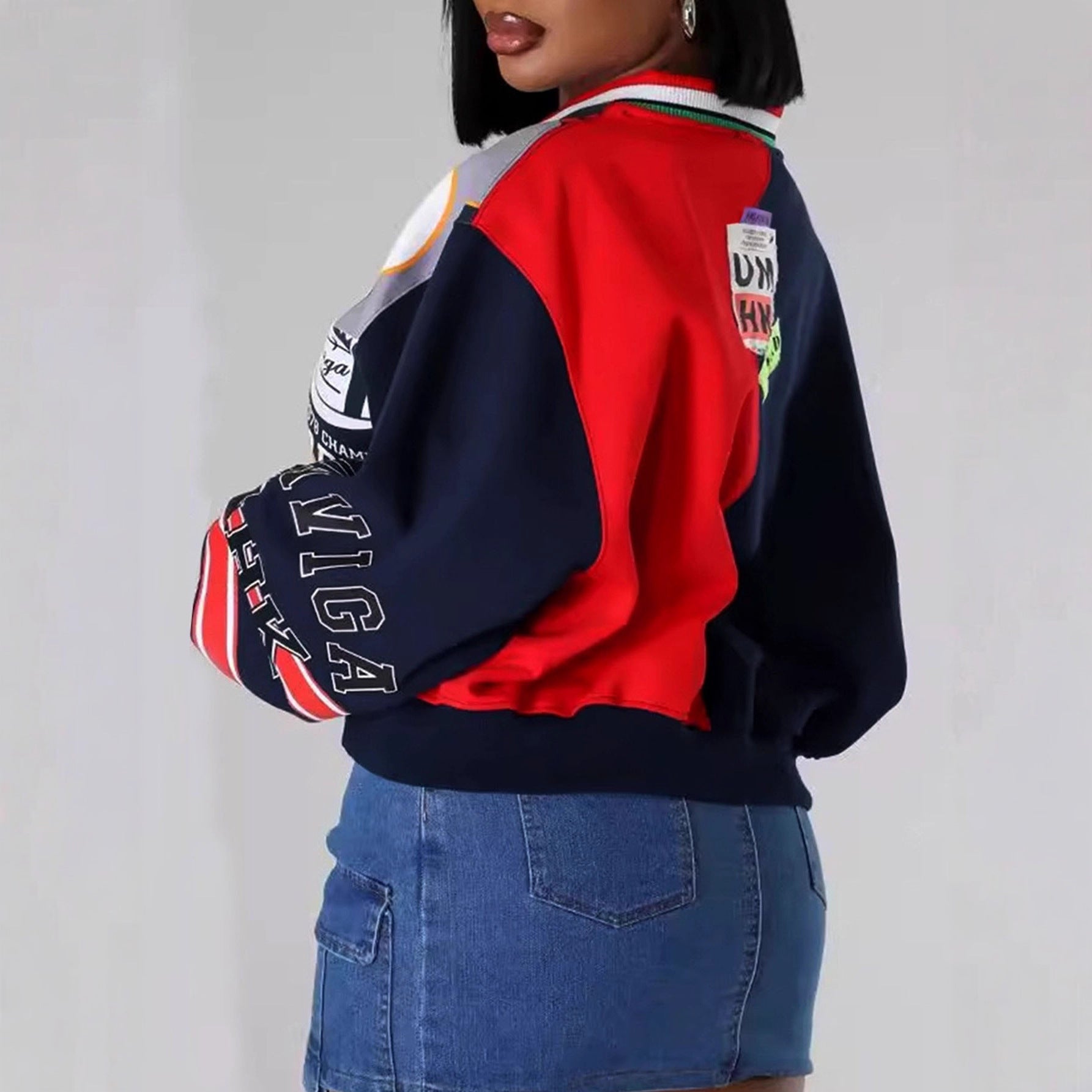 Trendy Women's Street Hip-Hop Fashion Patchwork Contrast Color Print Loose Casual Round Neck Long Sleeve Top 3