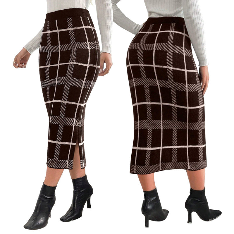 Women Slit Plaid Skirt