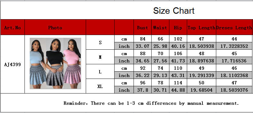 Fashion Print Round Neck Short Sleeve Pleated Two-Piece Skirt Set Female 12