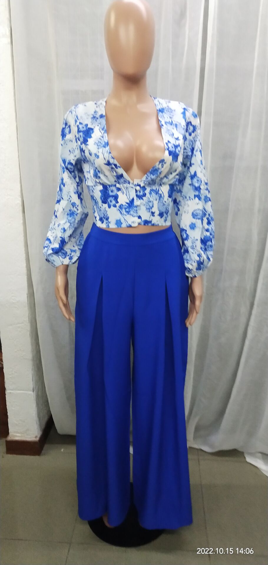 Autumn V-Neck Women'S Puff Sleeve Print Top Wide Leg Pants Fashion Two Piece Set 13