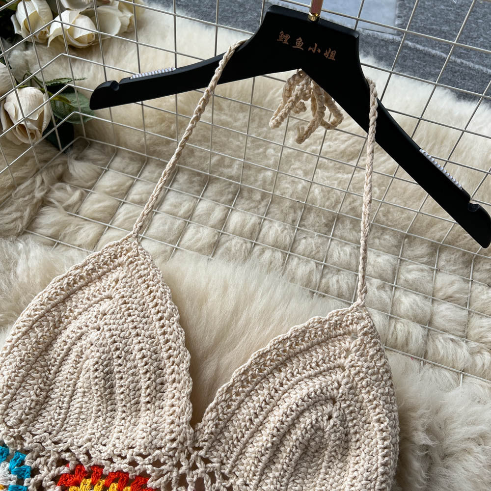 Women Summer Crochet Flower Suspender Top and Wide Leg Pants Retro Two-piece Set 16