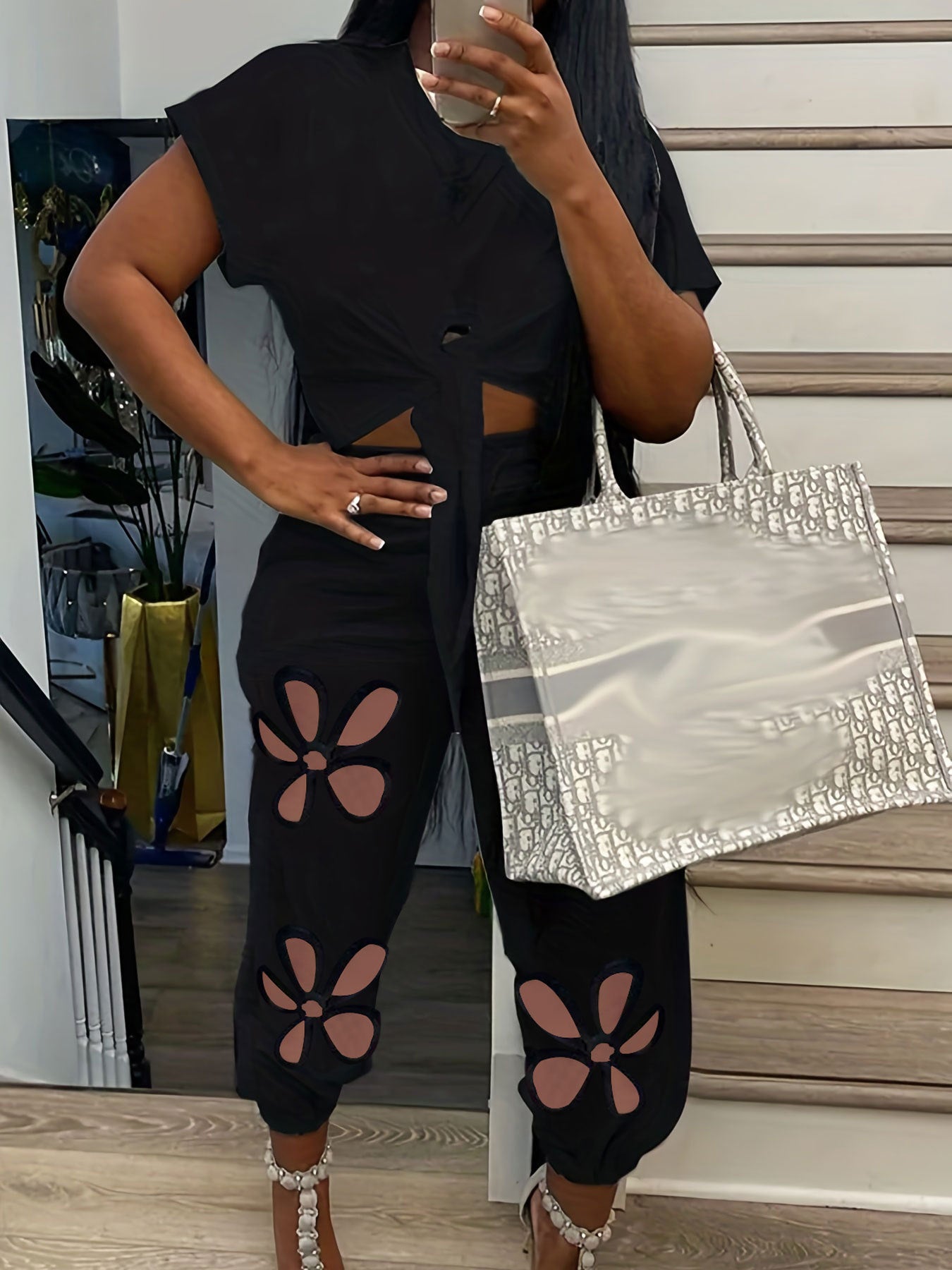 Fashion Casual Loose Pullover Irregular Tie-Dye T-Shirt Cut-Out Floral Ripped Long Pants Set 3