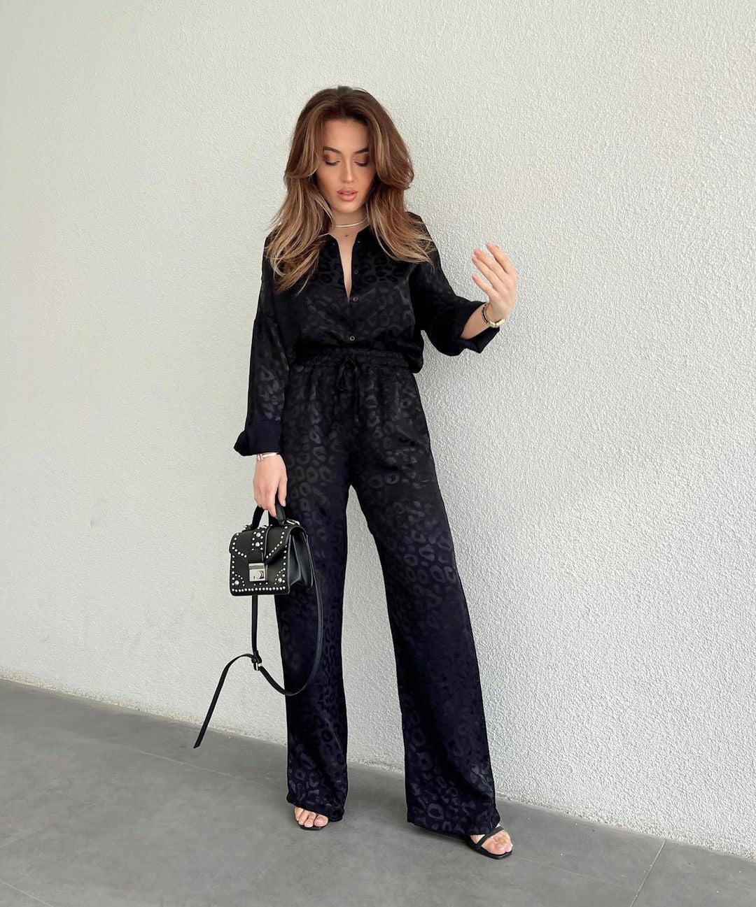 Women leopard print jacquard long-sleeved shirt and elastic waist loose trousers two-piece set 5