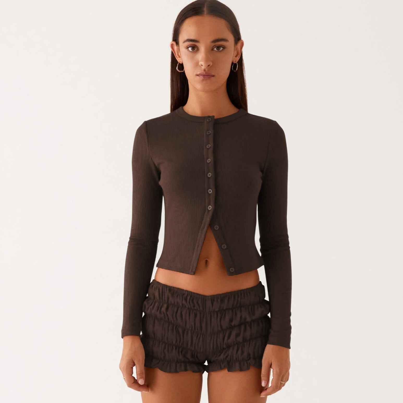 Spring and Summer Women's Solid Color Slim Long Button Cardigan Top 15