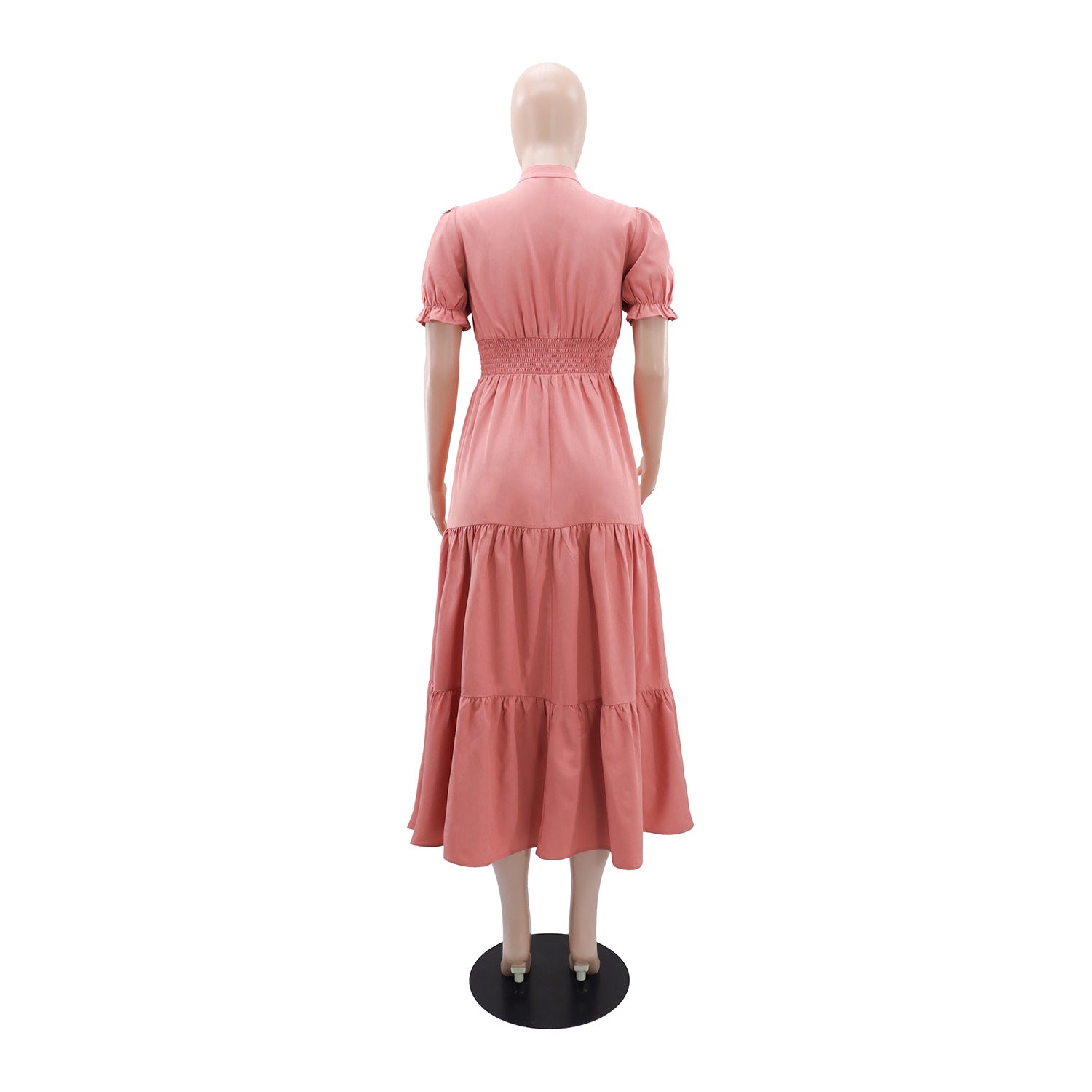 Women's Casual Short-Sleeve V-Neck Slim Waist Button A-Line Dress 5