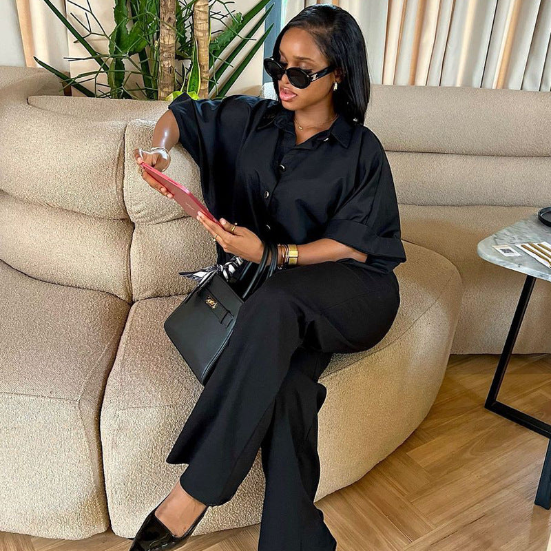 Fashion Spring Summer Casual Shirt Wide Leg Trousers Women Two-Piece Set