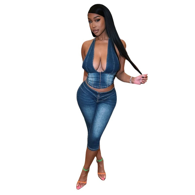 Women Strapless Halter Neck Lace-up Stretch Denim Top and Capri Two Piece Set 5