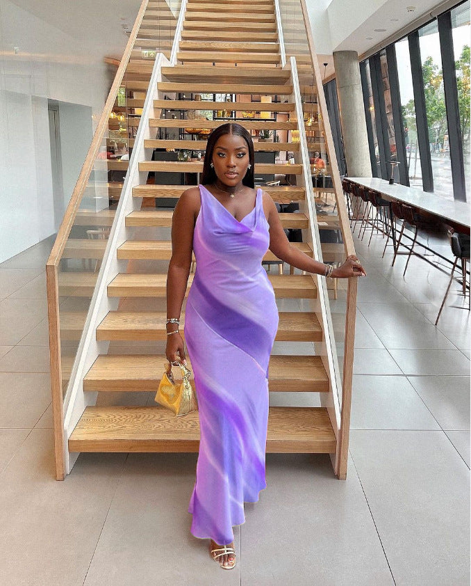 Women's Elegant Chic Print Long V-Neck Evening Dress 4