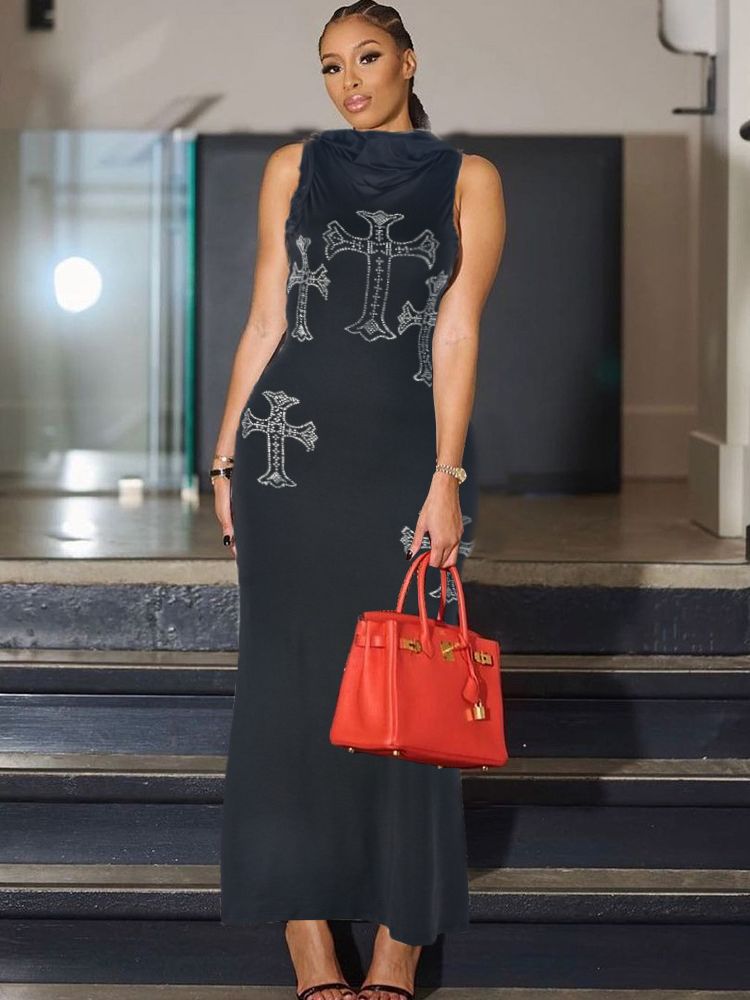 Women Cross Hot Rhinestone Style Hooded Sleeveless Maxi Dress 4