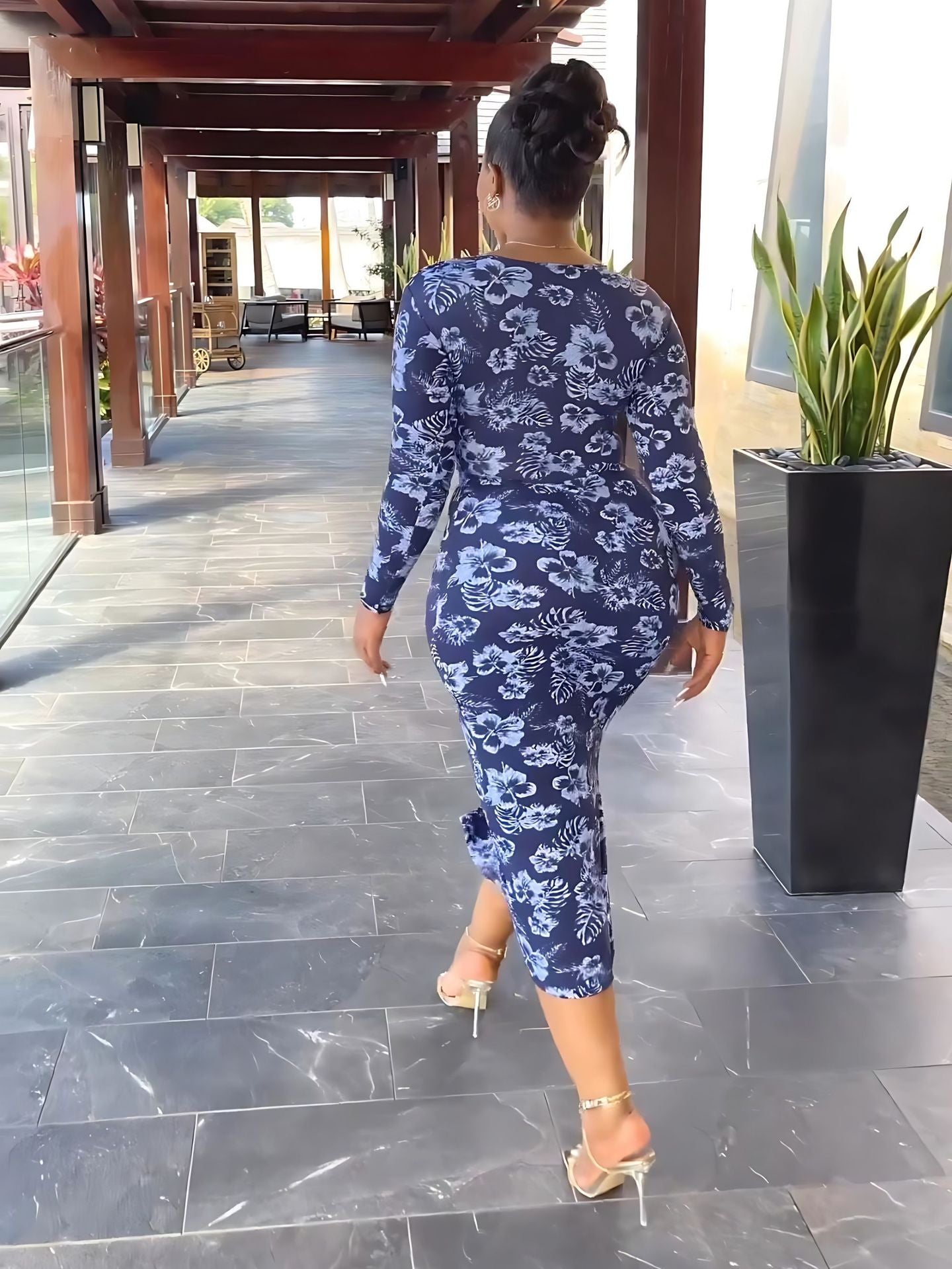 Chic Long Sleeve Printed Midi Dress Foral High Waist Side Slit Slim Fit Women's Dress 6