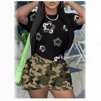 Women's Printed Short-Sleeved Sports Two-Piece Shorts Set 6