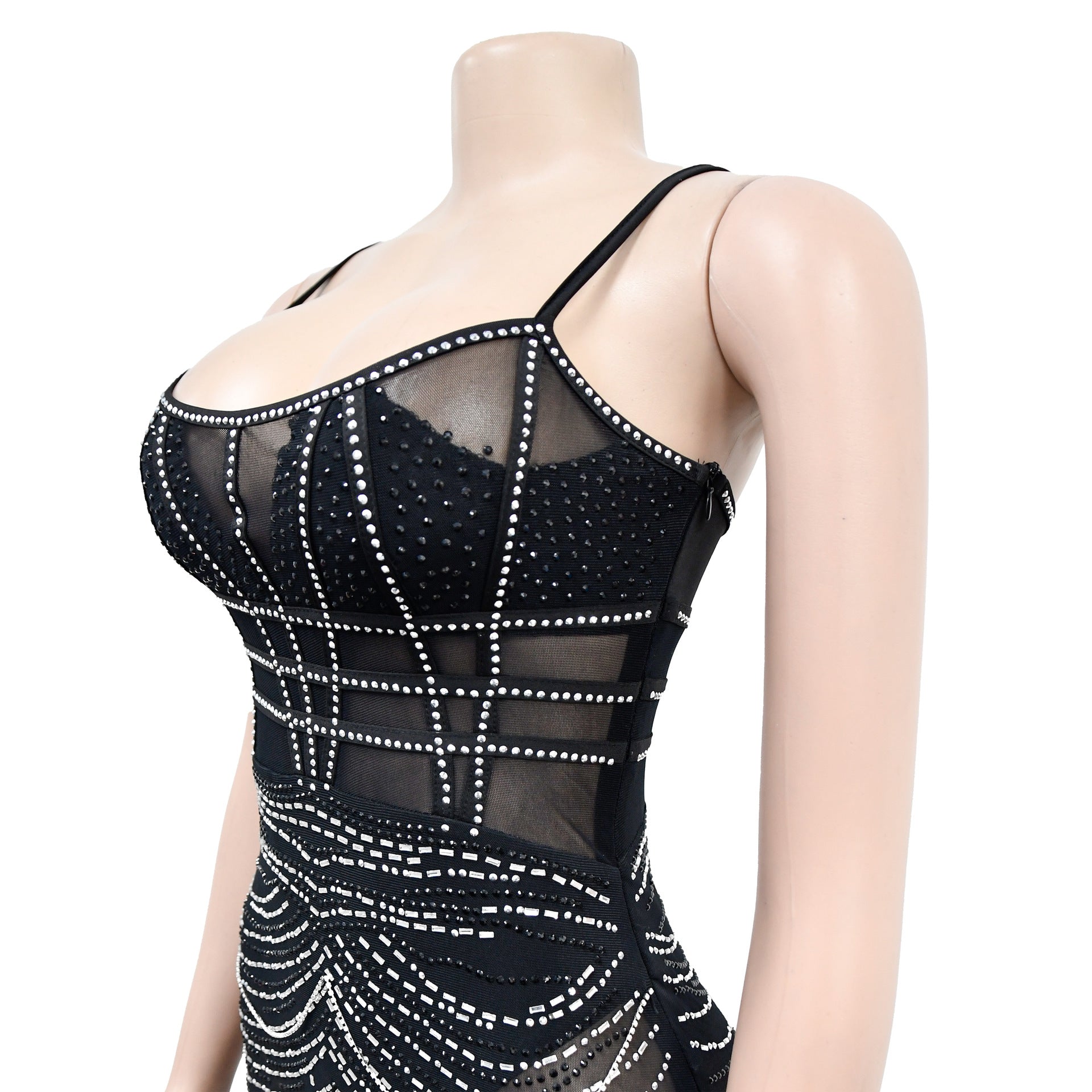 Women's Fashion Solid Color Camisole Sleeveless Mesh Beaded Dress 14