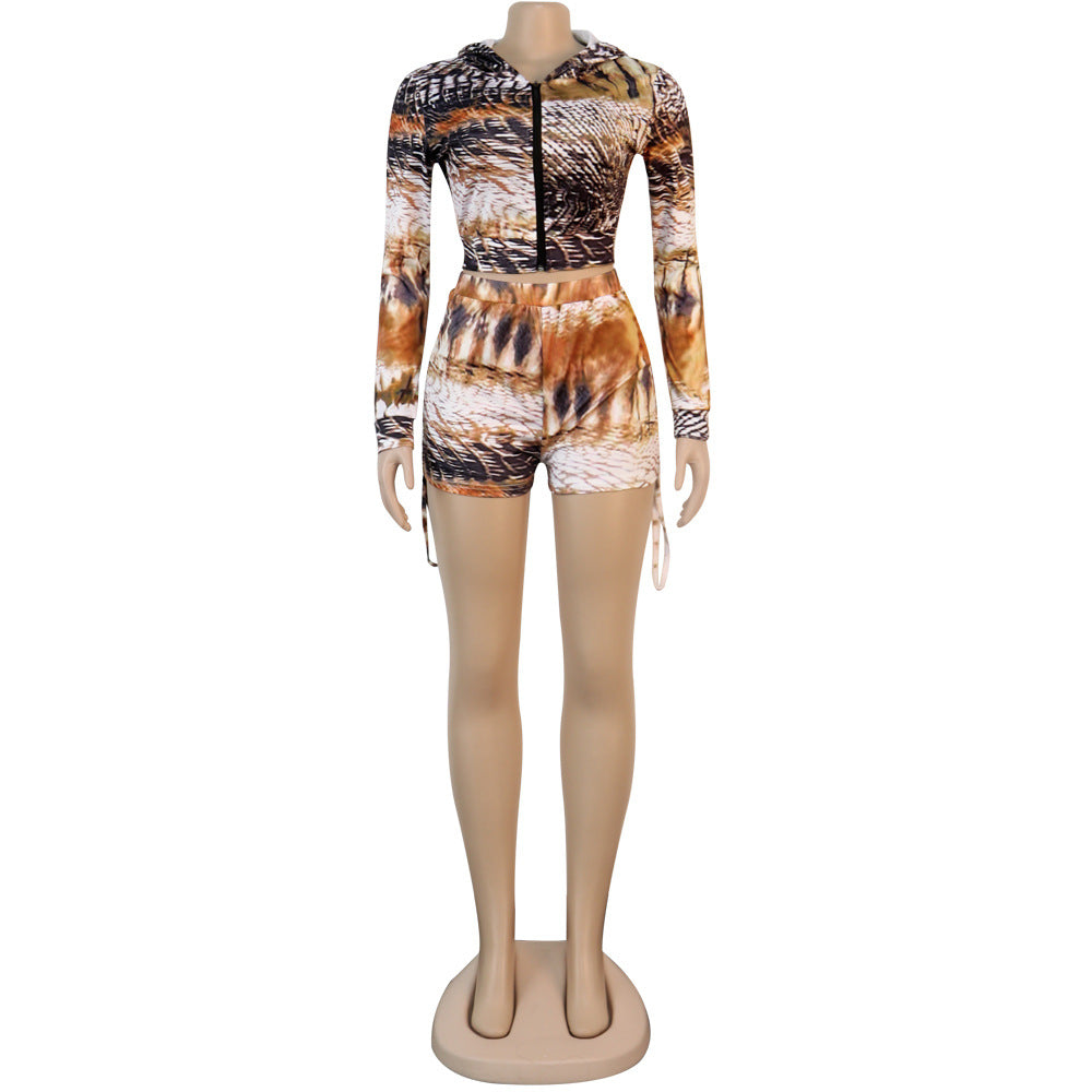 Print Hooded Zipper Long Sleeve Top Shorts Women's Casual Tracksuit 19