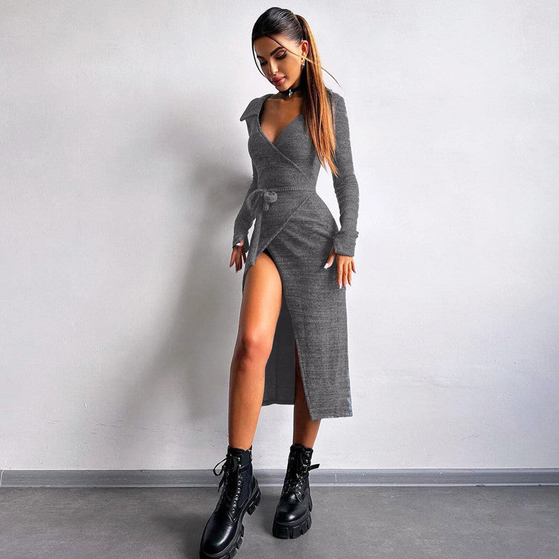 Autumn Winter Long Sleeve Sexy Tie Slim Waist Split Long Dress 3