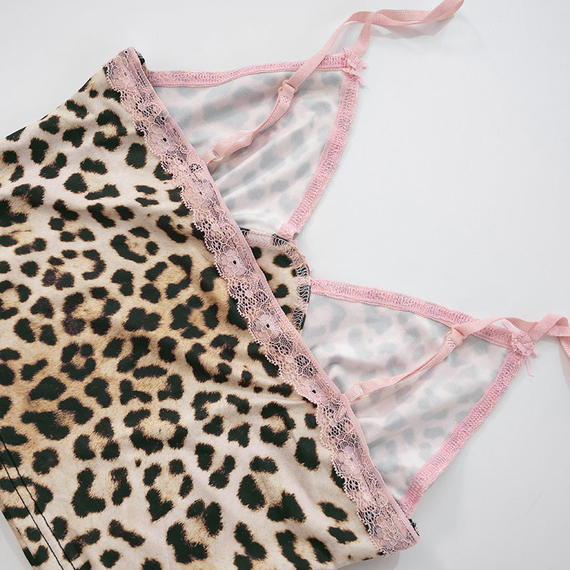 Leopard Print Patchwork Lace Bowknot Strap Top Contrast Color Shorts Two-Piece Set 26