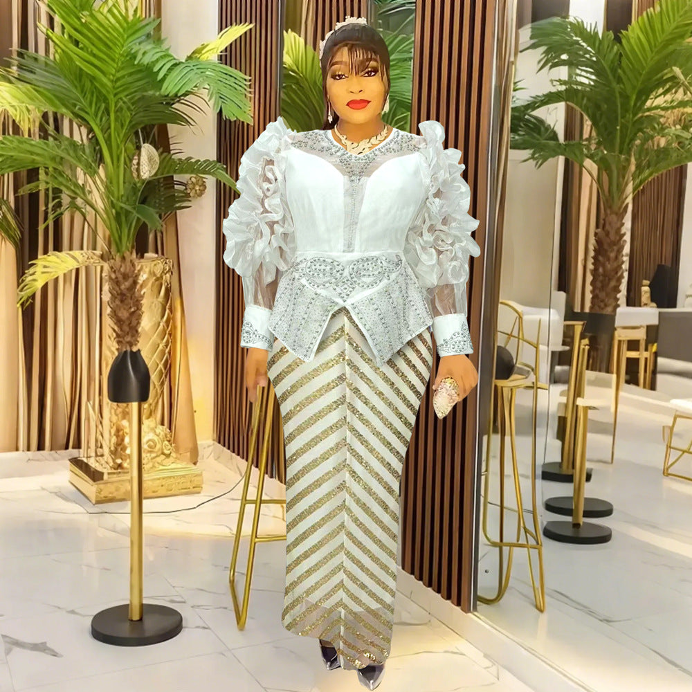 African Women's Plus Size High Waist Beaded Sequin Formal Party Dress 7