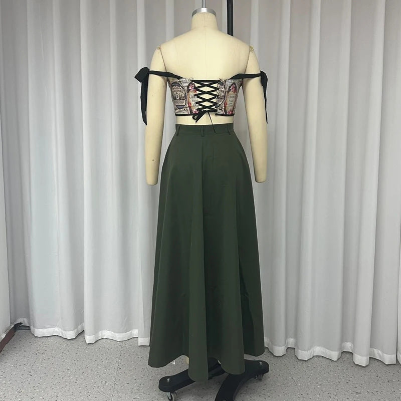 Summer fashion printing Off Shoulder sexy high slit skirt set 6